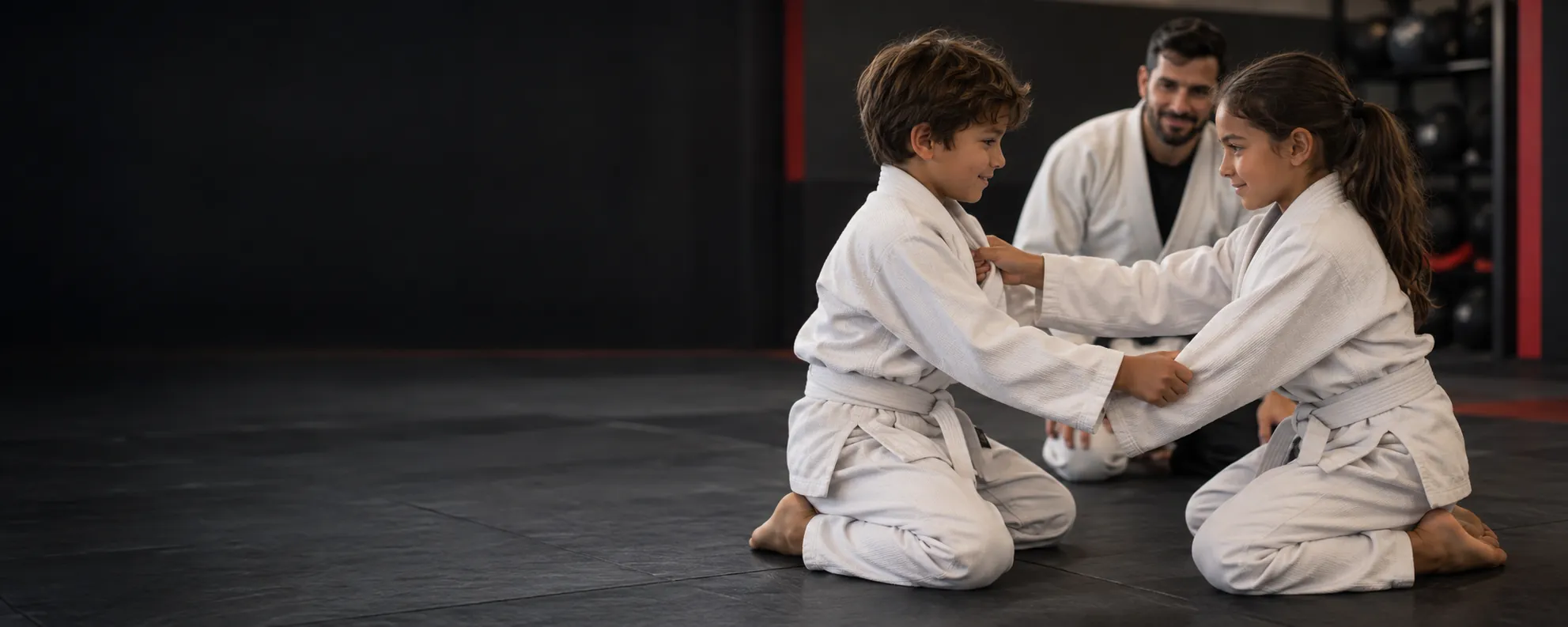 children practicing jiu-jitsu with an instructor
