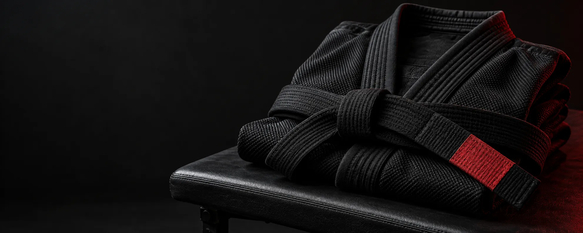 Black jiu-jitsu gi and belt in a dark studio